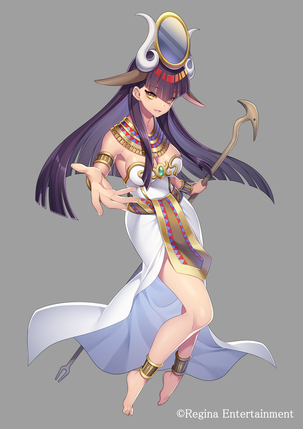 1girl bangs bare_shoulders barefoot black_hair breasts commentary_request dress egyptian_clothes eyebrows_visible_through_hair grey_background hair_ornament highres holding holding_staff large_breasts long_hair official_art original simple_background smile solo staff takamiya_ren white_dress yellow_eyes