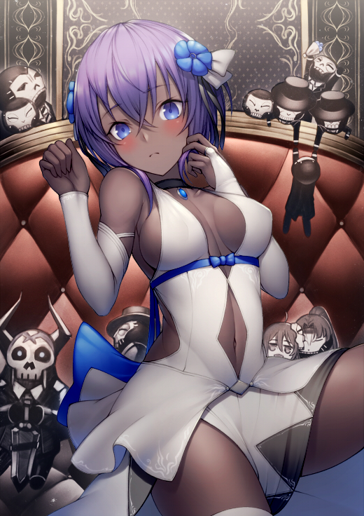 1girl assassin_(fate/zero) bangs banned_artist bare_shoulders blue_ribbon blush breasts bridal_gauntlets center_opening child_assassin_(fate/zero) choker couch dark_skin dress fate/grand_order fate/prototype fate/prototype:_fragments_of_blue_and_silver fate/stay_night fate/zero fate_(series) female_assassin_(fate/zero) hair_between_eyes hair_ribbon hassan_of_serenity_(fate) jewelry king_hassan_(fate/grand_order) kyoeiki looking_at_viewer medium_breasts navel navel_cutout pendant purple_hair ribbon sash short_hair sitting stuffed_toy thighhighs thighs true_assassin white_dress white_legwear