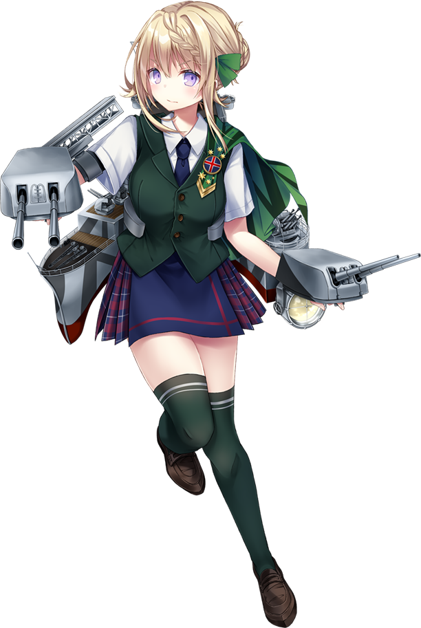 1girl aircraft_catapult black_legwear blazer blonde_hair blue_neckwear blue_skirt blush braid braided_bun breasts brown_footwear buttons green_vest hair_between_eyes hair_bun jacket kantai_collection kusada_souta machinery medium_breasts necktie official_art over-kneehighs perth_(kantai_collection) pleated_skirt purple_eyes searchlight shirt shoes short_hair short_sleeves skirt solo thighhighs transparent_background turret vest white_shirt