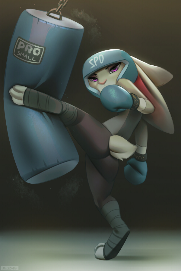 2019 3_toes anthro boxing boxing_gloves clothing disney english_text eyelashes female fur grey_body grey_fur half-closed_eyes handwear headgear judy_hopps kick lagomorph leporid long_ears mammal miles_df pink_nose punching_bag purple_eyes rabbit short_tail solo sport text toes zootopia