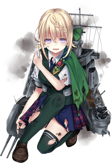 1girl black_legwear blonde_hair blue_neckwear blue_skirt blush brown_footwear buttons green_vest hair_between_eyes kantai_collection kusada_souta machinery necktie official_art open_mouth perth_(kantai_collection) pleated_skirt purple_eyes shirt shoes short_hair short_sleeves skirt solo thighhighs torn_clothes torn_legwear torn_shirt torn_vest transparent_background turret vest white_shirt