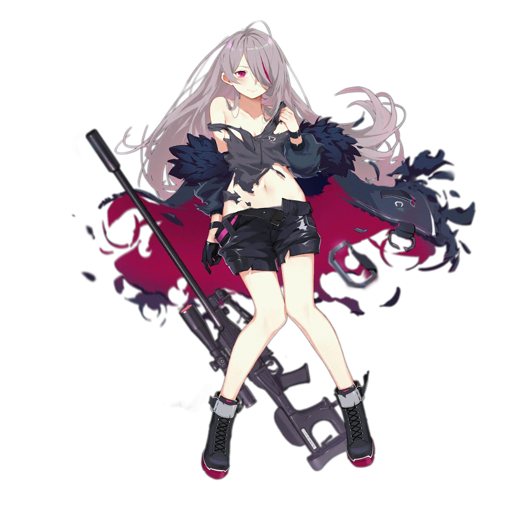 1girl bangs bare_shoulders black_footwear black_gloves black_shorts blush boots breasts coat cross-laced_footwear earphones feather-trimmed_coat floating_hair full_body girls_frontline gloves goggles goggles_around_neck grey_coat grey_hair grey_tank_top gun lace-up_boots logo long_hair long_legs looking_away medium_breasts multicolored_hair multiple_straps navel off_shoulder official_art open_clothes open_coat purple_eyes purple_hair rifle scope shorts sidelocks single_glove sniper_rifle sola7764 solo stomach streaked_hair t-cms_(girls_frontline) tank_top tinted_eyewear torn_clothes transparent_background truvelo_cms very_long_hair weapon wristband