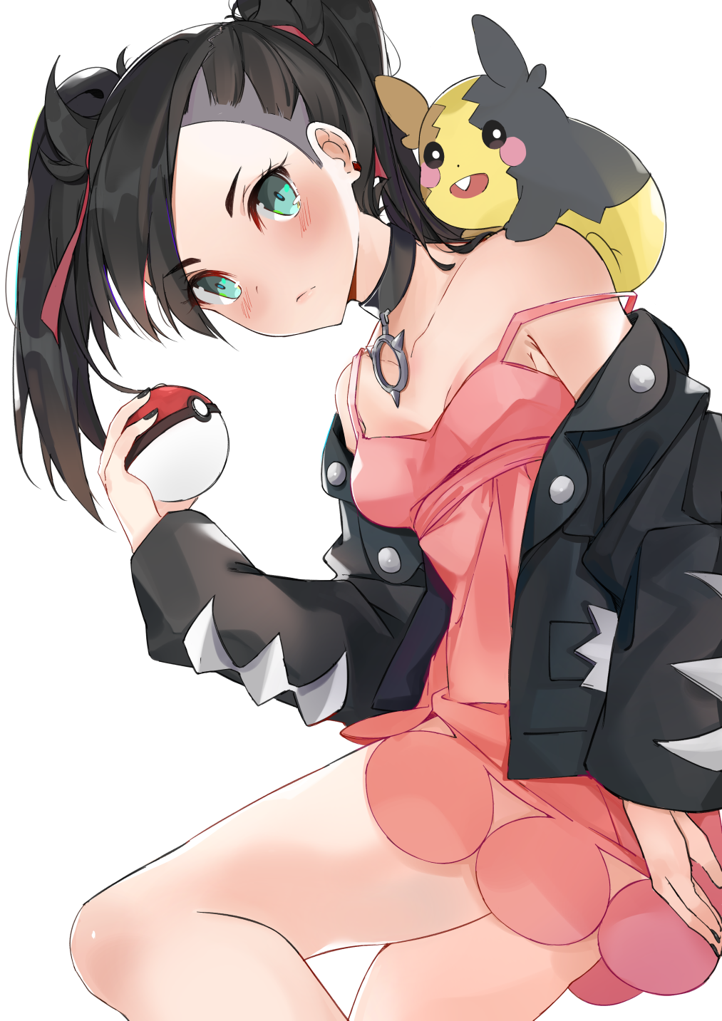 1girl aqua_eyes asymmetrical_bangs asymmetrical_hair bangs bare_shoulders black_hair black_jacket black_nails blush breasts choker commentary_request dress earrings from_side hair_ribbon highres jacket jewelry long_sleeves looking_at_viewer mary_(pokemon) morpeko off-shoulder_jacket open_clothes pink_dress pokemon pokemon_(game) pokemon_swsh red_ribbon ribbon simple_background small_breasts solo twintails white_background xhunzei