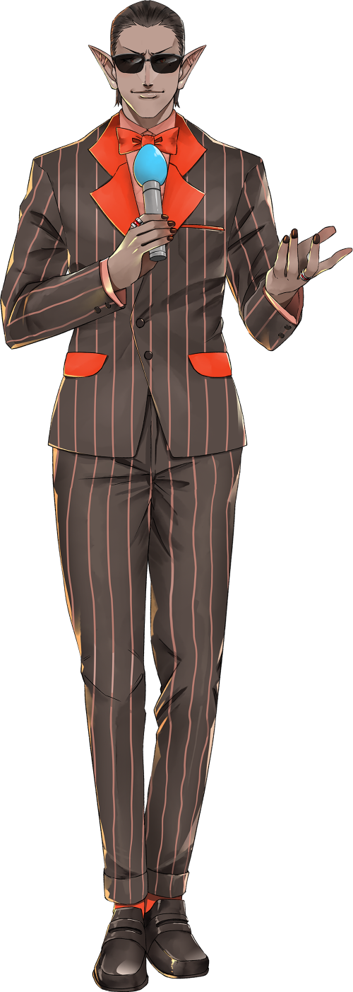 1boy bow bowtie brown_footwear brown_hair brown_nails brown_suit buttons closed_mouth dark_skin elf formal full_body gwelu_os_gar highres holding holding_microphone ikuyoan jewelry long_sleeves looking_at_viewer microphone nail_polish nijisanji official_art orange_bow orange_neckwear pinstripe_suit pointy_ears red_eyes ring smile solo standing striped suit sunglasses tachi-e transparent_background virtual_youtuber