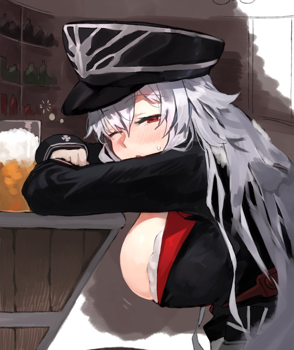 1girl alcohol azur_lane bangs bar beer beer_mug black_headwear blush bottle breasts commentary_request cup drinking_glass drunk eyebrows_visible_through_hair graf_zeppelin_(azur_lane) hat hiccup indoors jacket kasuka_(kusuki) large_breasts long_hair long_sleeves messy_hair one_eye_closed open_mouth peaked_cap red_eyes silver_hair sitting solo sweat uniform very_long_hair