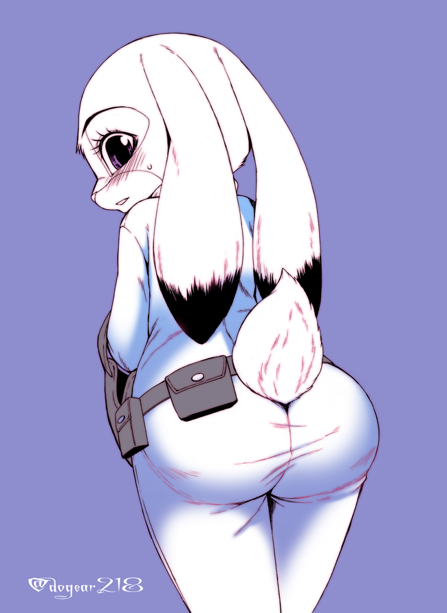 anthro blush bodily_fluids butt clothed clothing disney dogear218 ears_down fully_clothed fur judy_hopps lagomorph leporid looking_at_viewer looking_back mammal pivoted_ears purple_background rabbit rear_view scut_tail simple_background solo standing sweat sweatdrop zootopia