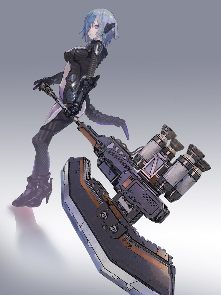1girl axe commentary denki english_commentary holding holding_axe original pink_eyes science_fiction short_hair silver_hair simple_background solo tail thrusters