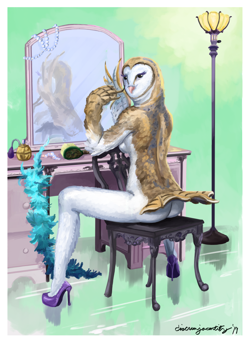 anthro anthrofied avian barn_owl bird breasts butt circumjacentity clothing feathers female flat_background footwear high_heels inside looking_at_viewer looking_back masked_owl mirror owl pose shaded shoes sitting solo tytonid