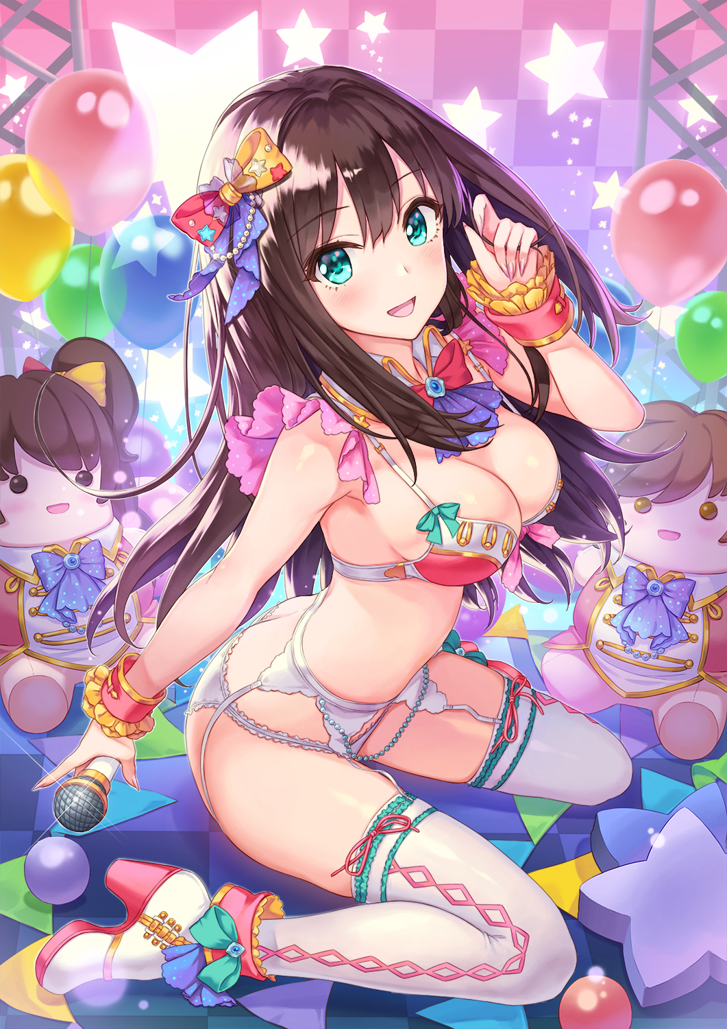 1girl :d ascot blush boots bra breasts brown_hair character_doll detached_collar earrings garter_belt glint green_eyes hair_ornament hhama highres holding holding_hair holding_microphone idolmaster idolmaster_cinderella_girls jewelry lingerie long_hair looking_at_viewer medium_breasts microphone nail_polish necktie open_mouth panties pearl_(gemstone) pink_nails shibuya_rin sitting smile solo thigh_boots thighhighs underwear underwear_only wariza white_bra white_footwear white_panties wrist_cuffs