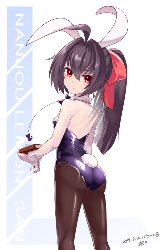 1girl alternate_hairstyle animal_ears araki_(qbthgry) artist_name black_hair black_legwear black_leotard black_neckwear book bow bowtie brown_legwear bunny_ears bunny_tail bunnysuit character_name commentary_request cowboy_shot dated detached_collar from_above hair_ribbon high_heels leotard looking_at_viewer looking_back nanjou_remon pantyhose ponytail red_bow red_eyes red_footwear red_ribbon ribbon ring_dream sitting solo standing tail translation_request two-tone_background wariza white_background wrist_cuffs