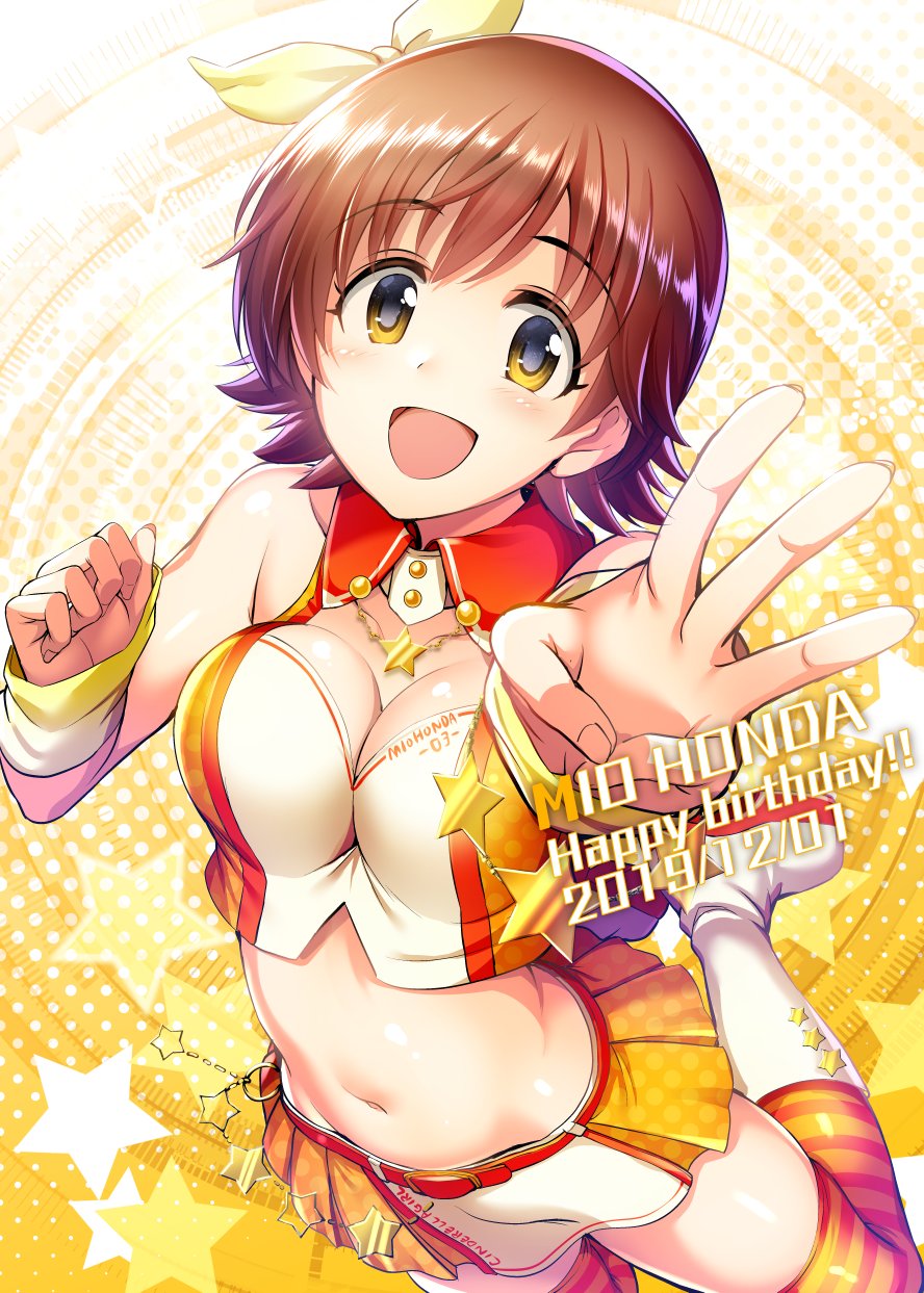 1girl :d blush boots breasts brown_eyes brown_hair character_name cleavage collarbone commentary crop_top date_pun groin happy_birthday highres honda_mio idol_clothes idolmaster idolmaster_cinderella_girls jumping large_breasts looking_at_viewer ment miniskirt navel necktie number_pun open_mouth orange_skirt short_hair skirt smile solo star striped striped_legwear sunset_nostalgie thighhighs w white_legwear wrist_cuffs yellow_background
