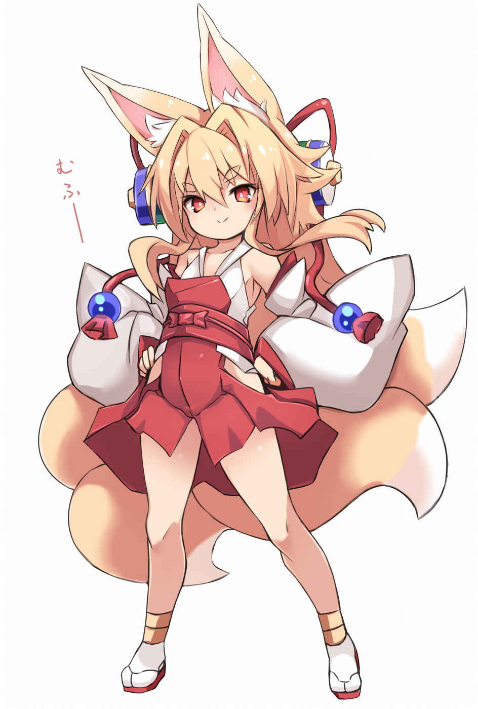 1girl animal_ear_fluff animal_ears bangs bare_shoulders blonde_hair bow closed_mouth collarbone detached_sleeves eyebrows_visible_through_hair fox_ears fox_girl fox_tail full_body hair_between_eyes hair_intakes hair_ornament hakama hakama_skirt hands_on_hips highres izuna_(shinrabanshou) japanese_clothes karukan_(monjya) kitsune long_hair long_sleeves red_bow red_eyes red_footwear red_hakama revision shinrabanshou short_eyebrows sidelocks simple_background sleeves_past_wrists smile socks solo standing tail thick_eyebrows translation_request very_long_hair white_background white_legwear white_sleeves wide_sleeves zouri