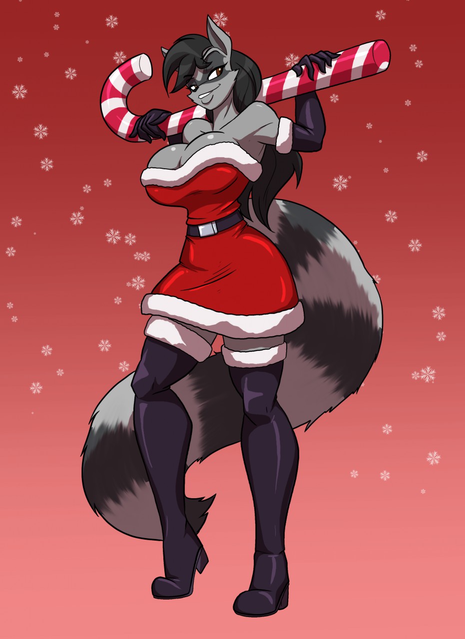2019 armwear big_breasts boots breasts brown_eyes candy candy_cane christmas cleavage clothed clothing elbow_gloves female food footwear gloves handwear hi_res holidays huge_breasts legwear mammal procyonid raccoon snowflake solo thigh_highs toughset