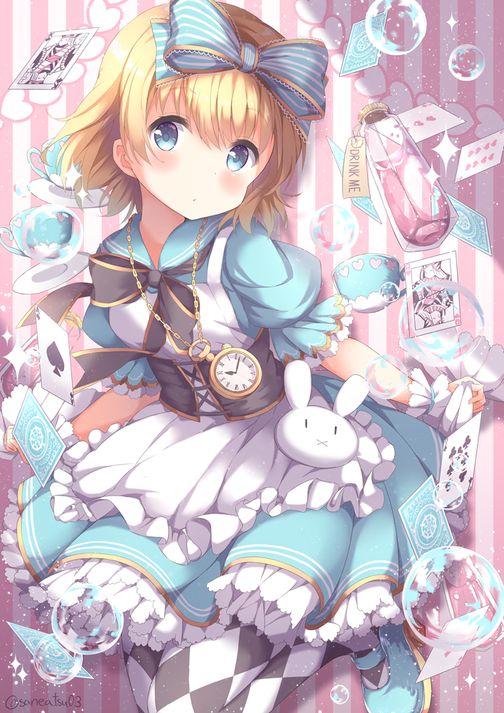 1girl alice_(wonderland) alice_in_wonderland apron argyle argyle_legwear blonde_hair blue_bow blue_dress blue_eyes blue_footwear blush bow bunny card commentary_request corset cup dress drink_me expressionless frilled_cuffs hair_bow heart mary_janes niwasane_(saneatsu03) pantyhose petticoat pinafore_dress playing_card pocket_watch sailor_dress shoes short_hair shorts soap_bubbles solo striped striped_background striped_bow teacup twitter_username vertical-striped_background vertical_stripes vial watch wrist_cuffs