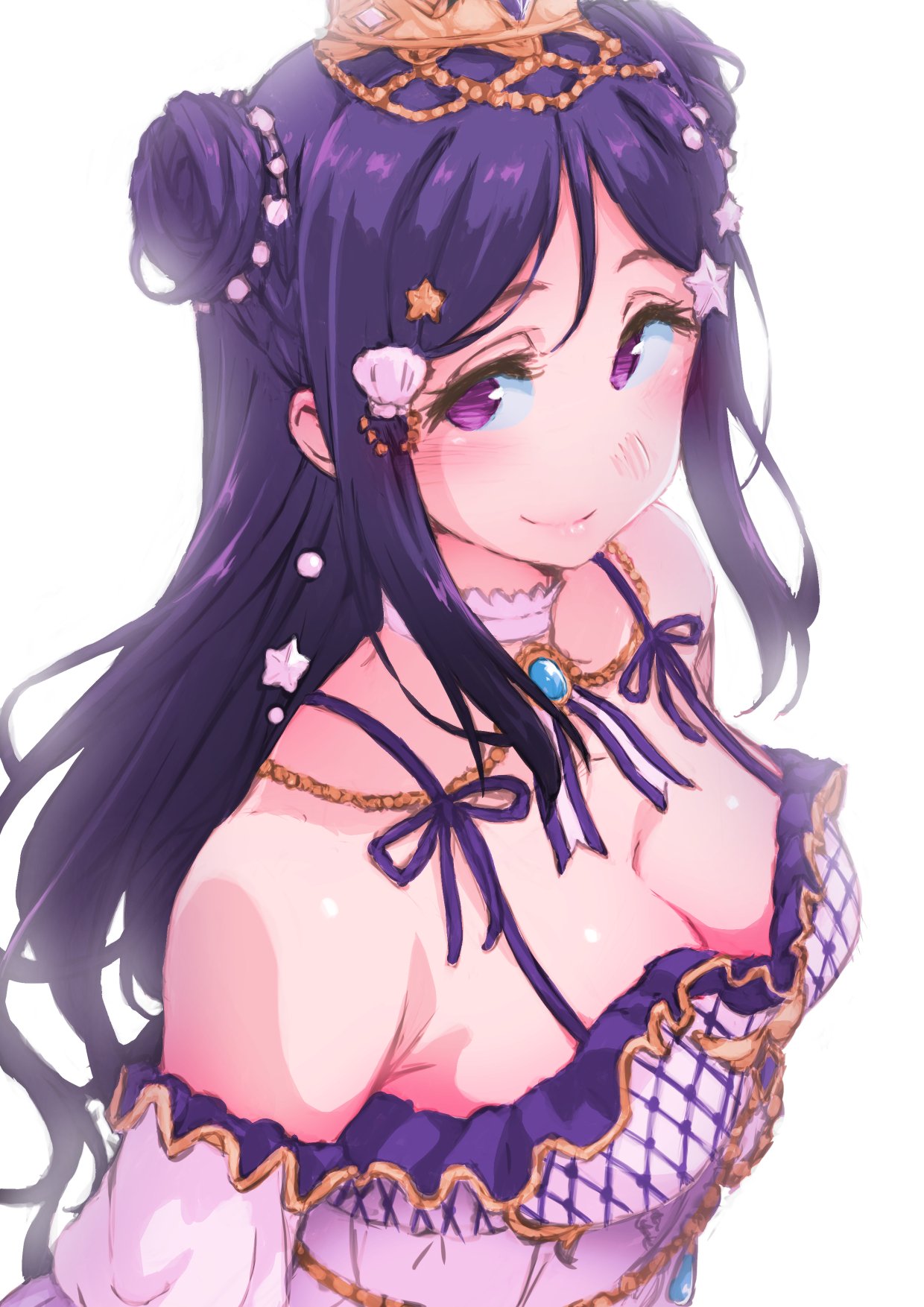 1girl alternate_hairstyle ayumu-k blue_hair blush breasts brooch cleavage crown detached_collar detached_sleeves double_bun earrings hair_ornament highres jewelry large_breasts long_hair love_live! love_live!_sunshine!! matsuura_kanan purple_eyes seashell_hair_ornament simple_background smile solo star star_hair_ornament upper_body white_background