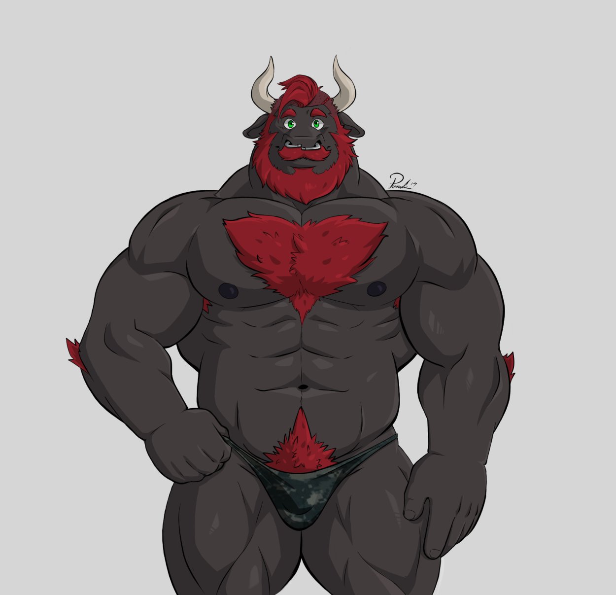 2019 anthro arm_tuft armpit_hair beard big_muscles black_body black_fur black_nipples body_hair boku_(character) bovid bovine bulge cattle chest_hair clothed clothing elbow_tufts facial_hair facial_piercing fur green_eyes hair happy_trail horn huge_muscles looking_at_viewer male mammal muscular muscular_male mustache nipples nose_piercing piercing pumadime red_hair simple_background solo standing topless tuft underwear white_horn