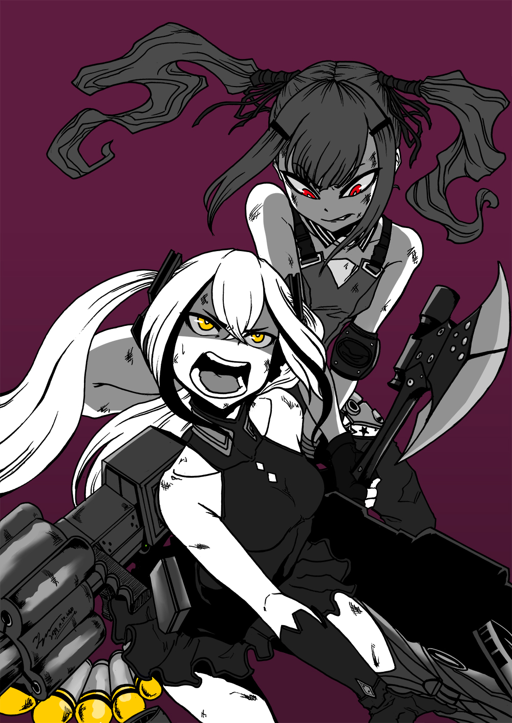 2girls ammunition_belt angry axe battle_axe cz-75_(girls_frontline) destroyer_(girls_frontline) dirty_face fighting girls_frontline grenade_launcher grey_hair highres multiple_girls purple_background red_eyes scope tryvor twintails weapon white_hair yellow_eyes