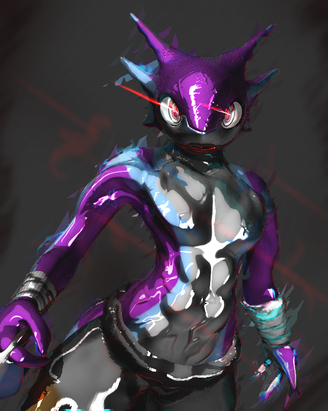 2019 3d_(artwork) anthro aura digital_media_(artwork) dragonewt lens_flare male purple_body purple_skin red_eyes sdx3 solo vignette