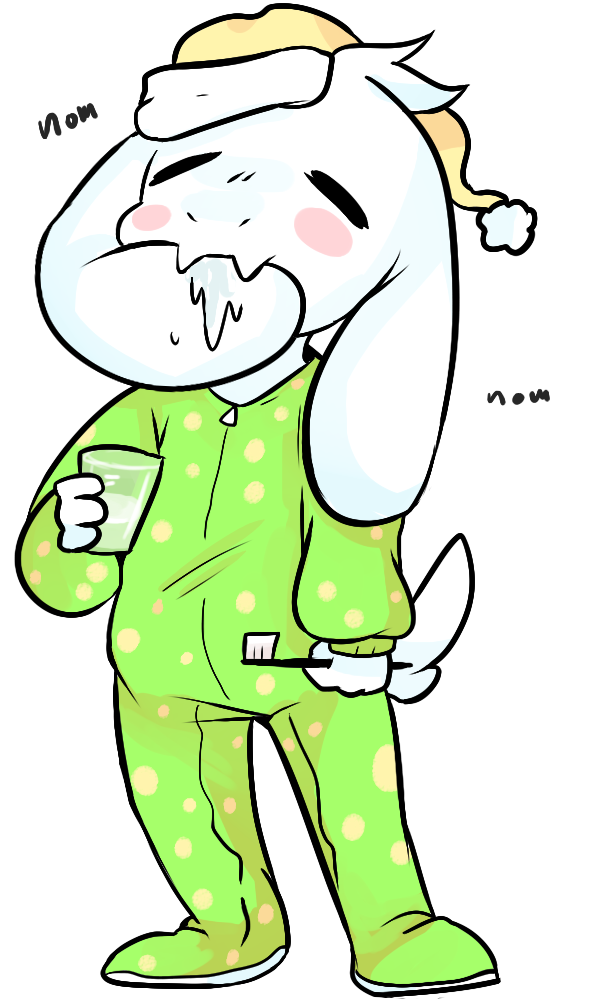 2015 alpha_channel anthro asriel_dreemurr bite blush bodily_fluids boss_monster bovid brush caprine clothing cub drooling ear_bite eyes_closed fur glass hat headgear headwear long_ears mammal nom pajamas polka_dots psibunny saliva simple_background sleepwalking solo toothbrush transparent_background undertale video_games white_body white_fur young