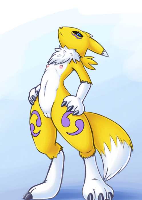 anthro chest_tuft claws cub digimon digimon_(species) digitigrade female flat_chested haiiromon hands_on_hips looking_at_viewer navel nipples pussy renamon solo standing tuft young