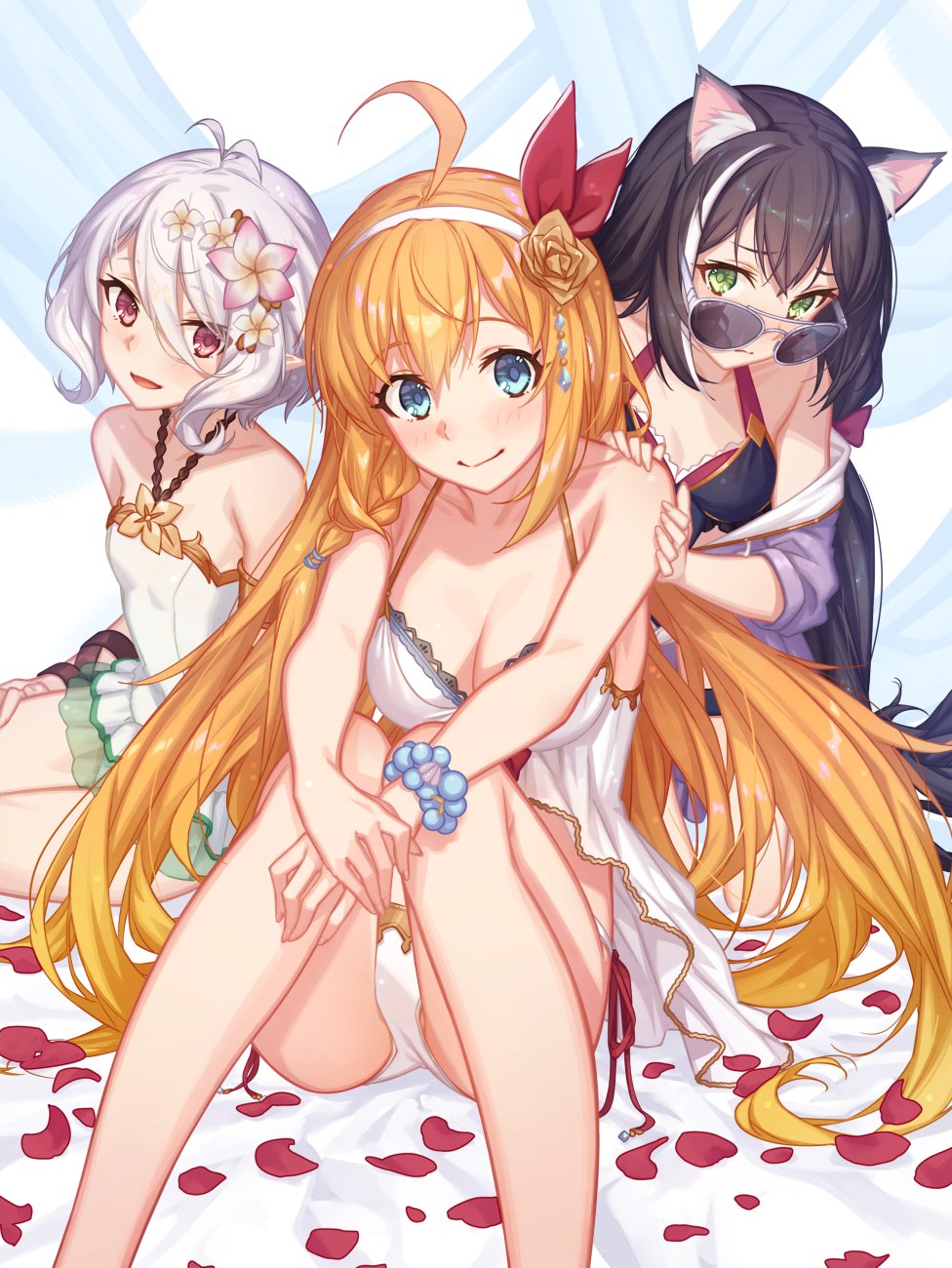 3girls ahoge alternate_costume animal_ear_fluff animal_ears antenna_hair bangs bare_shoulders bead_bracelet beads black_hair blue_eyes blush bracelet braid breasts cat_ears cleavage closed_mouth eyebrows_visible_through_hair flower green_eyes hair_between_eyes hair_flower hair_ornament hair_ribbon highres jewelry kneeling kokkoro_(princess_connect!) kyaru_(princess_connect) large_breasts long_hair looking_at_viewer low_twintails m-ya multicolored_hair multiple_girls open_mouth orange_hair pecorine pointy_ears princess_connect! princess_connect!_re:dive red_eyes red_ribbon ribbon short_hair silver_hair sitting small_breasts smile solo streaked_hair sunglasses swimsuit twintails very_long_hair white_flower white_hair