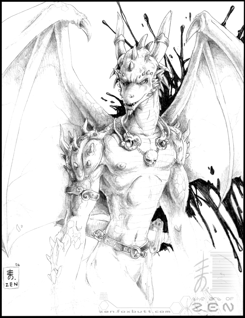 2008 anthro belt bone clothed clothing dragon fangs horn jewelry male melee_weapon nipples scales scalie sharp_teeth skull solo sword teeth topless weapon western_dragon wings zen