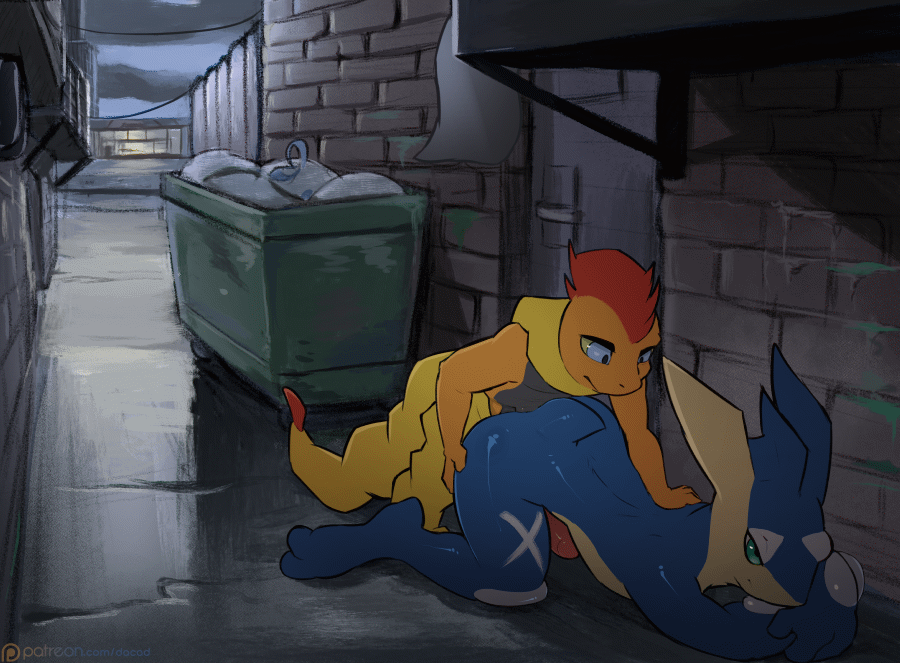 2019 2d_animation alley amphibian anal anal_penetration animated anthro anthro_on_anthro anthro_penetrated anthro_penetrating anthro_penetrating_anthro biped bouncing_penis cloud dacad detailed_background duo exhibitionism from_behind_position greninja male male/male male_penetrated male_penetrating male_penetrating_male night nintendo nude outside penetration penis pok&eacute;mon pok&eacute;mon_(species) public scrafty sex size_difference sky small_dom_big_sub video_games