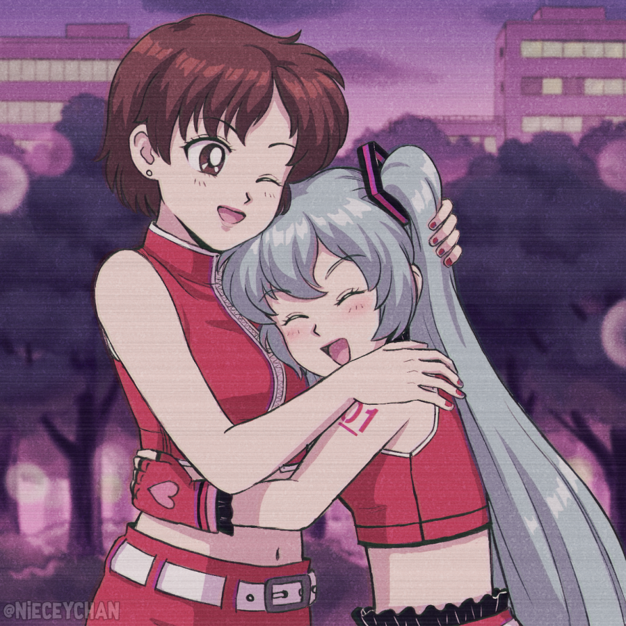 2girls 90s anime_coloring aqua_hair arms_around_waist artist_name bare_shoulders belt blush brown_eyes brown_hair city closed_eyes commentary crop_top earrings english_commentary film_grain fingerless_gloves frilled_skirt frills gloves hand_on_another's_head hand_on_another's_shoulder hatsune_miku head_on_chest heart heart_print hug jewelry lipstick long_hair makeup meiko midriff multiple_girls mutual_hug nail_polish navel nieceychan oldschool one_eye_closed open_mouth outdoors red_gloves red_nails red_shirt red_skirt retro scanlines shirt short_hair shoulder_tattoo skirt sleeveless sleeveless_shirt smile tattoo tree twilight twintails twitter_username upper_body very_long_hair vocaloid zipper