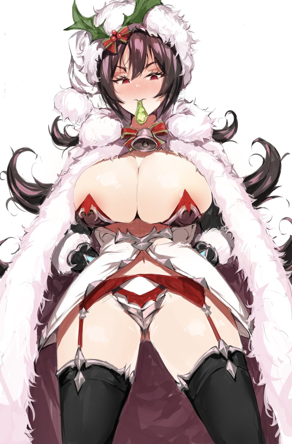 1girl areola_slip areolae armor armored_dress bell bell_choker black_hair black_legwear blush breasts cape character_request choker christmas commentary condom condom_in_mouth copyright_request dress etchi_inoha_sukidesuka flipped_hair full-face_blush fur_cape fur_hat garter_belt garter_straps hair_ornament hands_on_hips hat highres holly_hair_ornament huge_breasts impossible_clothes impossible_dress jingle_bell long_hair messy_hair mouth_hold navel red_eyes red_garter_belt revealing_clothes ribbon_choker solo symbol_commentary thighhighs thighs used_condom very_long_hair