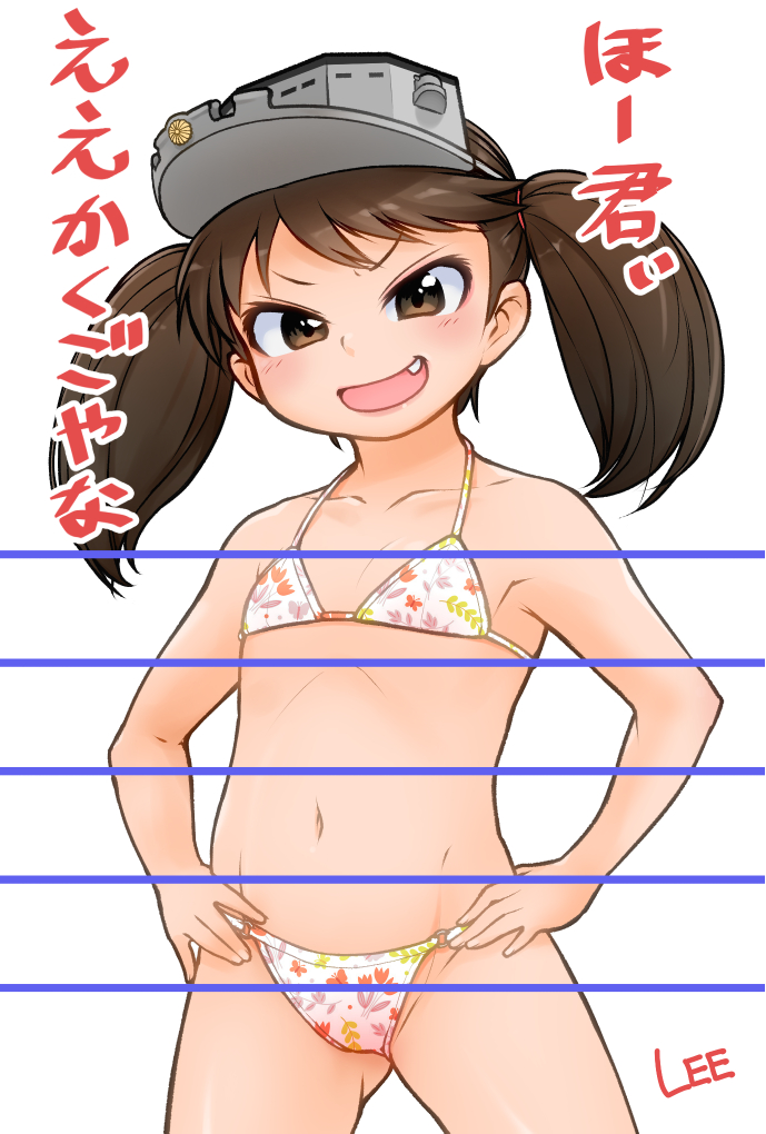 1girl alternate_costume artist_name bikini brown_eyes brown_hair commentary_request cowboy_shot fang flat_chest floral_print hands_on_hips kantai_collection lee_(colt) lines looking_at_viewer rei_no_sen ryuujou_(kantai_collection) simple_background solo swimsuit translation_request twintails visor_cap white_background white_bikini