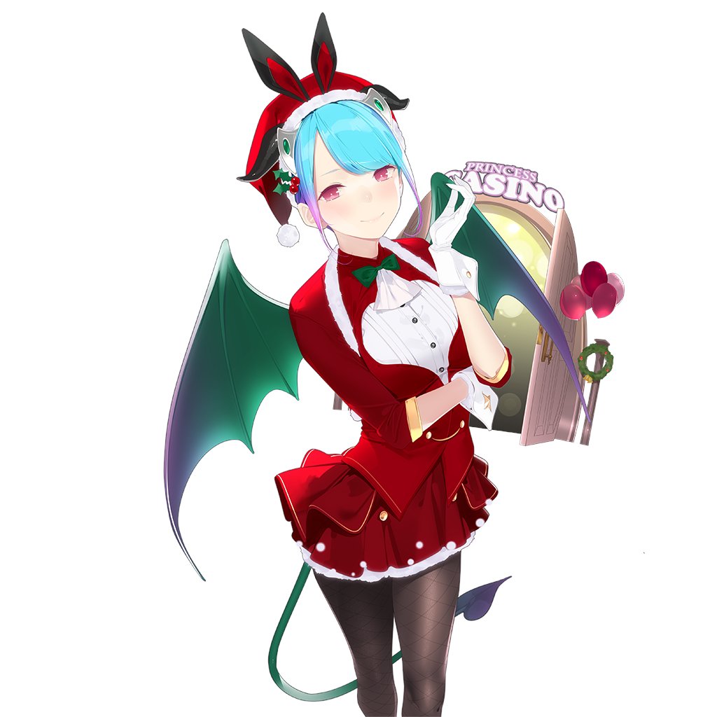 1girl ama_mitsuki arm_across_waist ascot bangs black_legwear blue_hair bow bowtie breasts character_request closed_mouth demon_girl demon_tail demon_wings fishnets gloves gradient_hair green_neckwear hand_up hat jacket multicolored_hair pantyhose pink_hair red_eyes red_jacket red_skirt santa_hat shirt short_hair sidelocks skirt small_breasts smile solo tail uchi_no_hime-sama_ga_ichiban_kawaii white_gloves white_shirt wings wrist_cuffs