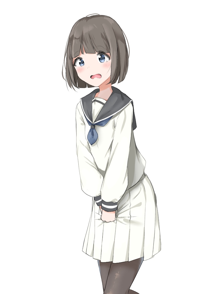 1girl bangs black_legwear black_sailor_collar blue_eyes blue_neckwear blunt_bangs blush brown_hair commentary_request embarrassed eyebrows_visible_through_hair flat_chest hands_together have_to_pee long_sleeves miniskirt neckerchief open_mouth original pantyhose pleated_skirt sailor_collar school_uniform serafuku shiny shiny_hair shirt short_hair simple_background skirt solo standing tears textless v_arms white_background white_shirt white_skirt zagashira