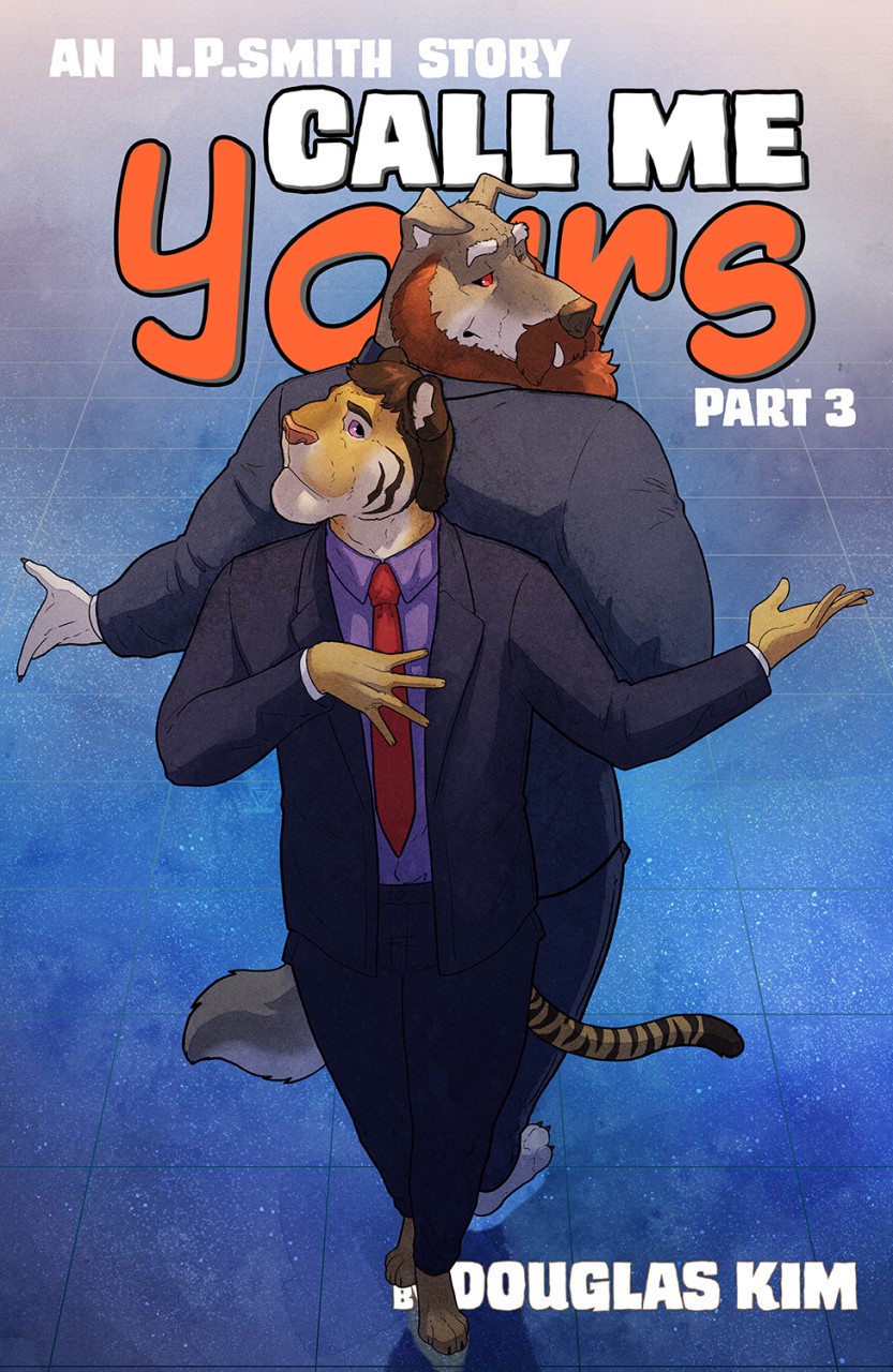 2019 anthro back_to_back barefoot beard black_nose canid canine canis clothed clothing comic coverpage duo facial_hair fangs felid gesture hair hand_on_chest hybrid kimmykun mammal mustache necktie pantherine pink_nose purple_eyes red_eyes red_hair size_difference standing striped_tail stripes suit tiger wolfdog
