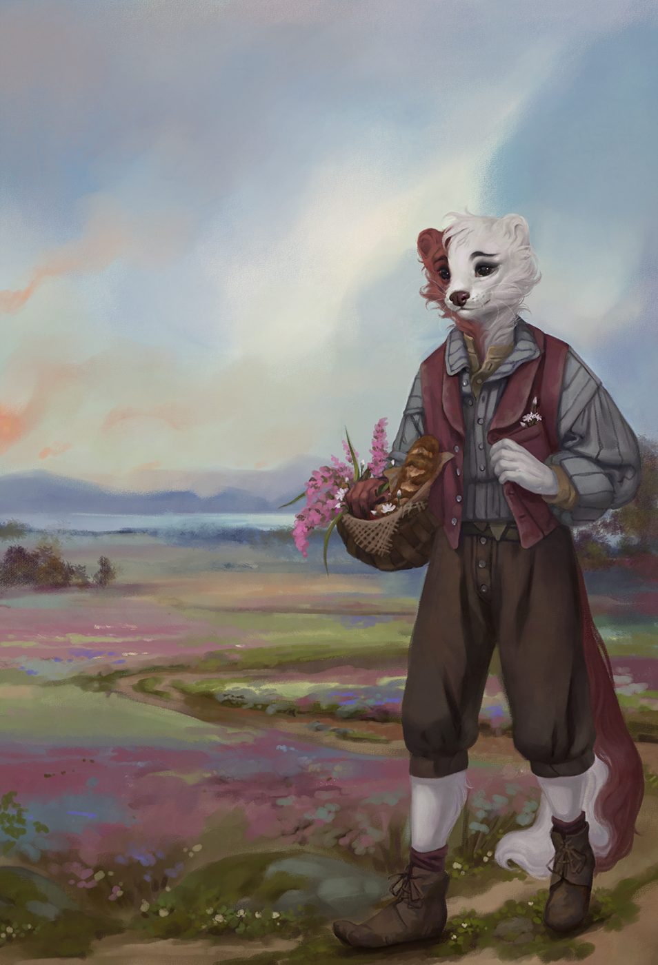 2019 5_fingers anthro clothing day detailed_background digital_media_(artwork) fingers footwear fur grass male mammal mustela mustelid musteline outside raventenebris red_body red_fur shoes sky solo white_body white_fur