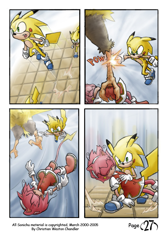 comic eulipotyphlan female fight fur gabmonteiro9389 hedgehog hybrid jumping male mammal nintendo pikachu pink_body pink_fur pok&eacute;mon pok&eacute;mon_(species) rosechu_(character) rosechu_(species) sonic_the_hedgehog_(series) sonichu_(character) sonichu_(series) sonichu_(species) talons video_games yellow_body yellow_fur