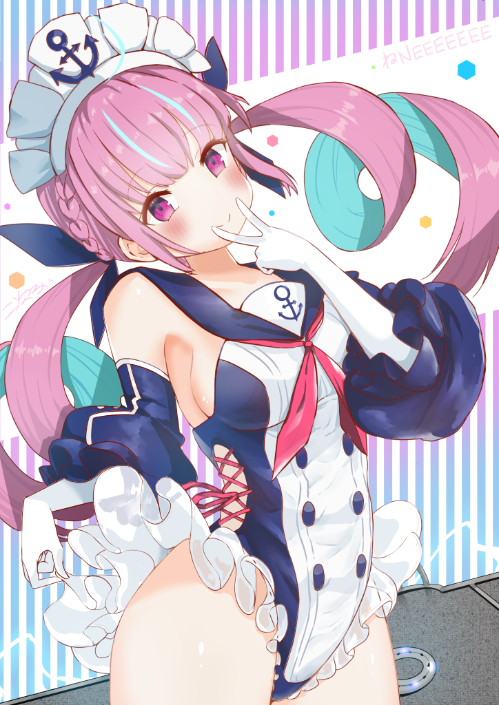 1girl azur_lane bangs blush braid breasts commentary crossover detached_sleeves double-breasted elbow_gloves eyebrows_visible_through_hair french_braid frilled_swimsuit frills gloves hair_ribbon hololive maid_headdress medium_breasts minato_aqua neckerchief one-piece_swimsuit purple_eyes purple_hair purple_neckwear ribbon sailor_collar sakurai_kouji sideboob solo swimsuit twintails white_gloves