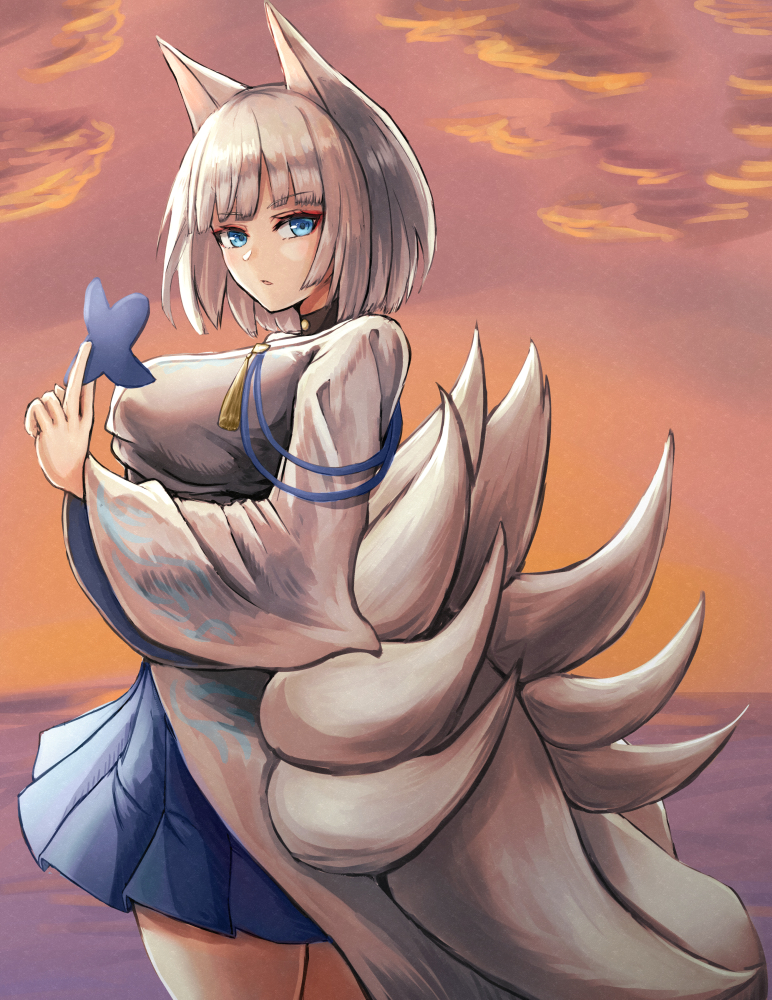 1girl animal_ears azur_lane bangs between_fingers blue_eyes breasts cloud cowboy_shot eyebrows_visible_through_hair eyeliner fox_ears fox_girl fox_tail japanese_clothes kaga_(azur_lane) large_breasts legs_together long_sleeves makeup moppo multiple_tails ocean open_mouth outdoors shikigami solo tail tassel twilight water white_hair wide_sleeves