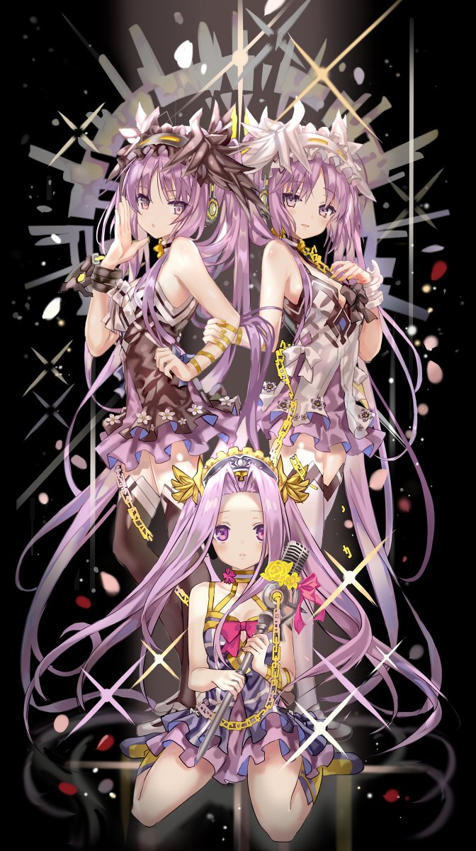 3girls black_dress black_feathers black_footwear black_legwear black_vs_white blush bow bracelet breasts chain choker cleavage collarbone commentary_request dress euryale fate/grand_order fate/hollow_ataraxia fate_(series) feathers floating_hair flower flower_choker from_side full_body hair_intakes hairband hand_on_another's_arm hand_on_own_chest head_feathers headphones highres holding holding_microphone idol jewelry light_smile lolita_hairband long_hair looking_at_viewer medusa_(lancer)_(fate) microphone multiple_girls open_mouth parted_lips petals purple_dress purple_eyes purple_footwear purple_hair red_bow rider shino_(eefy) siblings sisters sitting small_breasts sparkle standing stheno thighhighs twins twintails very_long_hair wariza white_bow white_dress white_feathers white_footwear white_legwear yellow_choker yellow_feathers