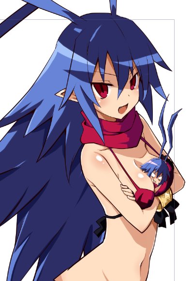 1girl bikini_top blue_hair blush breasts character_doll cleavage disgaea disgaea_d2 fang genderswap genderswap_(mtf) hands_on_hips iwasi-r laharl laharl-chan large_breasts open_mouth pointy_ears red_eyes slit_pupils swimsuit