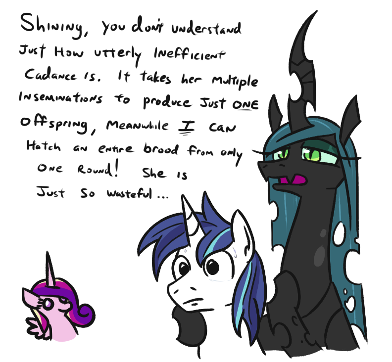 2019 arthropod changeling english_text equid female feral friendship_is_magic group hair horn jargon_scott long_hair male mammal multicolored_hair my_little_pony open_mouth princess_cadance_(mlp) queen_chrysalis_(mlp) shining_armor_(mlp) simple_background text unicorn white_background