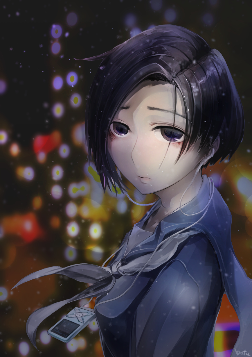 1girl asymmetrical_hair black_hair blood blood_on_face bloody_tears blue_shirt blurry blurry_background botsumoto closed_mouth commentary_request depth_of_field digital_media_player earbuds earbuds_around_neck earphones grey_neckwear highres kobayakawa_rinko looking_at_viewer love_plus purple_eyes sad school_uniform serafuku shiny shiny_hair shirt short_hair signature snow solo upper_body winter