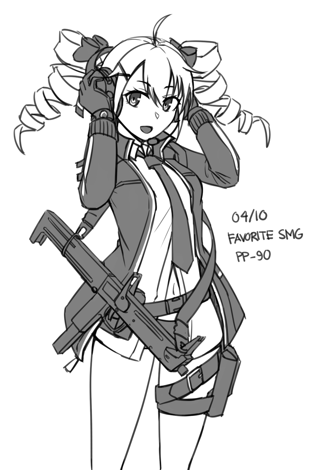 1girl :d ahoge arms_up bangs bow collared_shirt dated drill_hair ear_protection eyebrows_visible_through_hair girls_frontline gloves greyscale gun hair_between_eyes hair_bow hair_ornament hairclip highres jacket long_sleeves looking_at_viewer monochrome navel ndtwofives necktie object_namesake open_clothes open_jacket open_mouth panties pp-90_(girls_frontline) shirt simple_background smile solo twin_drills underwear weapon weapon_request white_background