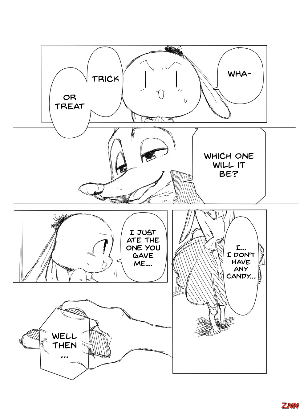 anthro black_and_white bodily_fluids bottomwear canid canine clothed clothing comic costume dialogue disney duo edit english_text fox fully_clothed fur half-closed_eyes halloween hard_translated holidays judy_hopps lagomorph leporid mammal monochrome narrowed_eyes nick_wilde rabbit red_fox rikuo_(artist) simple_background skirt speech_bubble sweat sweatdrop text topwear translated vertical_bar_eyes white_background zootopia