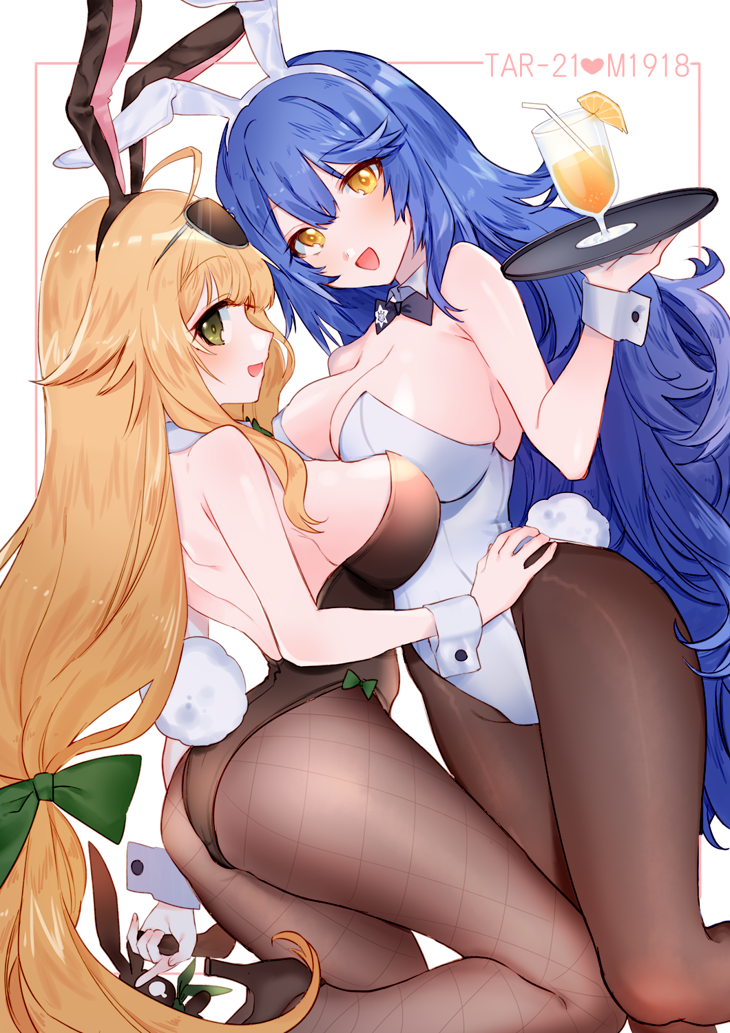 2girls animal_ears artist_request aviator_sunglasses bangs bare_shoulders black_legwear blonde_hair blush bow bowtie breasts bunny_ears bunny_girl bunnysuit commentary_request detached_collar eyewear_on_head girls_frontline gun highres large_breasts leotard long_hair looking_at_viewer low-tied_long_hair m1918_bar m1918_bar_(girls_frontline) machine_gun multiple_girls open_mouth pantyhose personification simple_background smile sunglasses tagme tail tar-21_(girls_frontline) very_long_hair weapon white_background wrist_cuffs