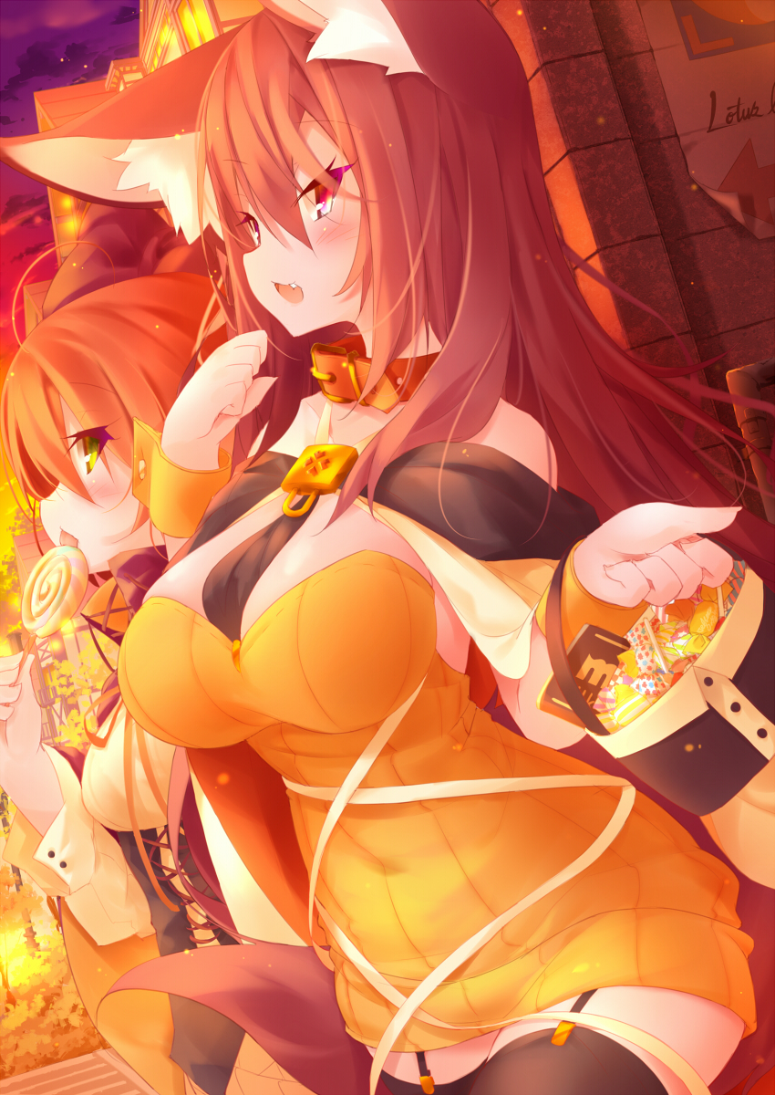 2girls :d alternate_costume animal_ear_fluff animal_ears between_breasts black_legwear breasts brown_hair bucket candy cleavage collar commentary_request food garter_straps green_eyes halloween highres imaizumi_kagerou koha large_breasts long_hair looking_at_viewer multiple_girls open_mouth orange_hair outdoors red_eyes sekibanki smile sunset thighhighs touhou wolf_ears