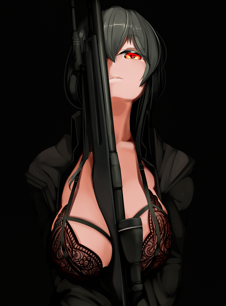 1girl bangs black_background black_bra black_hair black_jacket bra breasts cleavage closed_mouth destroyer98 eyebrows_visible_through_hair gun gun_request gun_to_head half-closed_eyes head_tilt jacket lace lingerie long_hair looking_at_viewer orange_eyes original rifle simple_background sniper_rifle underwear weapon