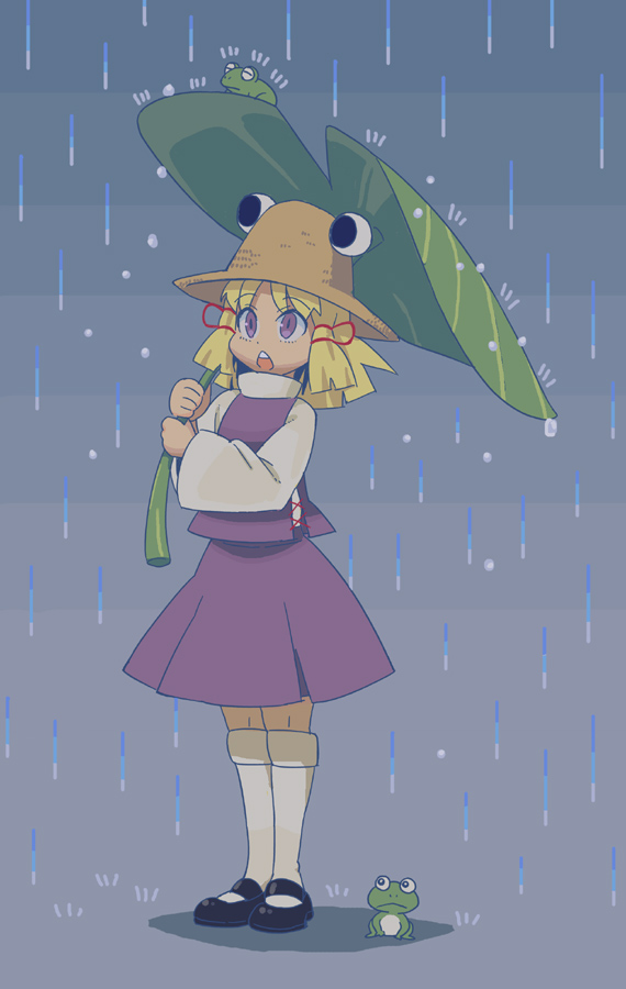 1girl black_footwear blonde_hair chestnut_mouth commentary_request frog full_body grey_background hair_ribbon hat holding holding_leaf jean_(jean_sp) leaf leaf_umbrella long_sleeves mary_janes moriya_suwako open_mouth over-kneehighs purple_eyes purple_skirt purple_vest rain red_ribbon ribbon shirt shoes short_hair skirt standing thighhighs touhou turtleneck upper_teeth vest water_drop white_legwear white_shirt