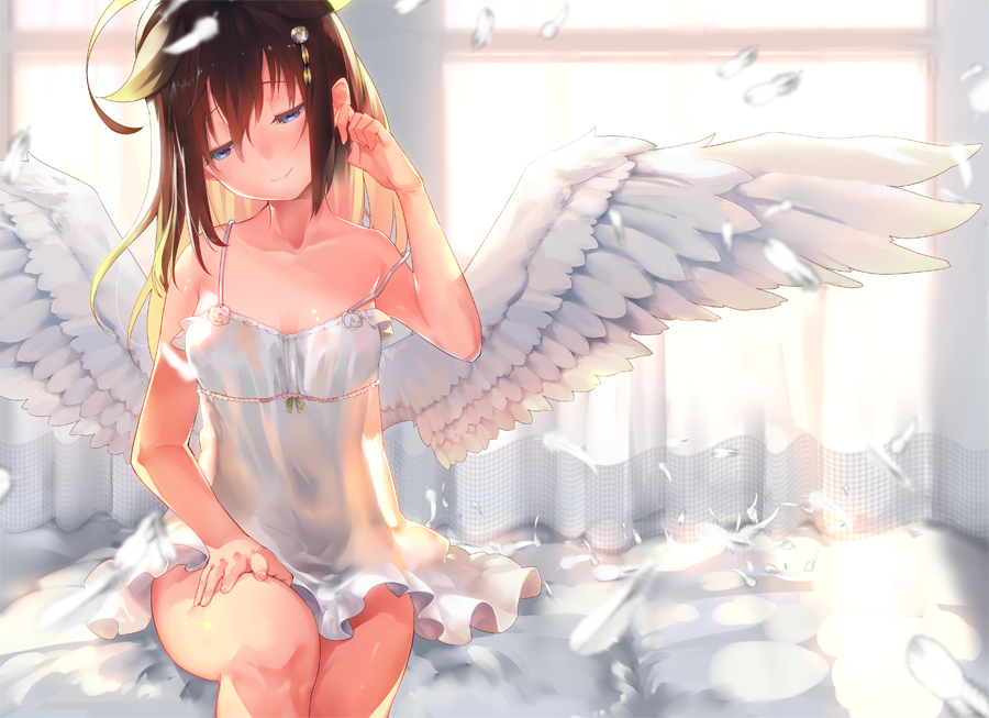 1girl ahoge alternate_costume angel_wings backlighting bangs bare_arms bare_shoulders bed_sheet blonde_hair blue_eyes blush breasts brown_hair chig closed_mouth collarbone dress feathered_wings feathers hair_flaps hair_ornament half-closed_eyes hand_on_own_thigh hand_up kantai_collection looking_away looking_down multicolored_hair remodel_(kantai_collection) shigure_(kantai_collection) sitting sleeveless sleeveless_dress small_breasts smile solo strap_slip two-tone_hair white_dress white_wings window wings