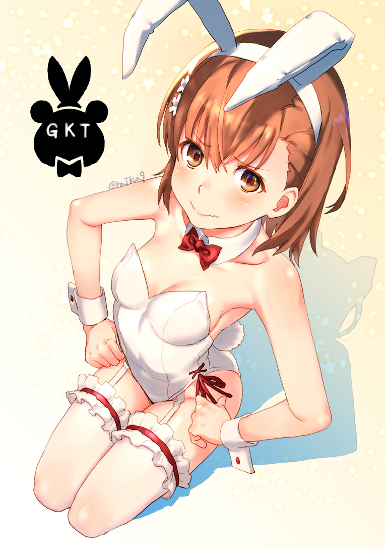 1girl animal_ears bangs bare_shoulders blush bow bowtie breasts brown_eyes brown_hair bunny_ears bunnysuit cleavage collar collarbone commentary_request covered_navel detached_collar eyebrows_visible_through_hair fake_animal_ears flower frilled_legwear garter_straps hair_between_eyes hair_flower hair_ornament hairband hands_on_hips leotard misaka_mikoto raika9 red_neckwear seiza sitting small_breasts solo strapless strapless_leotard thighhighs to_aru_kagaku_no_railgun to_aru_majutsu_no_index twitter_username white_collar white_flower white_hairband white_legwear white_leotard wing_collar wrist_cuffs