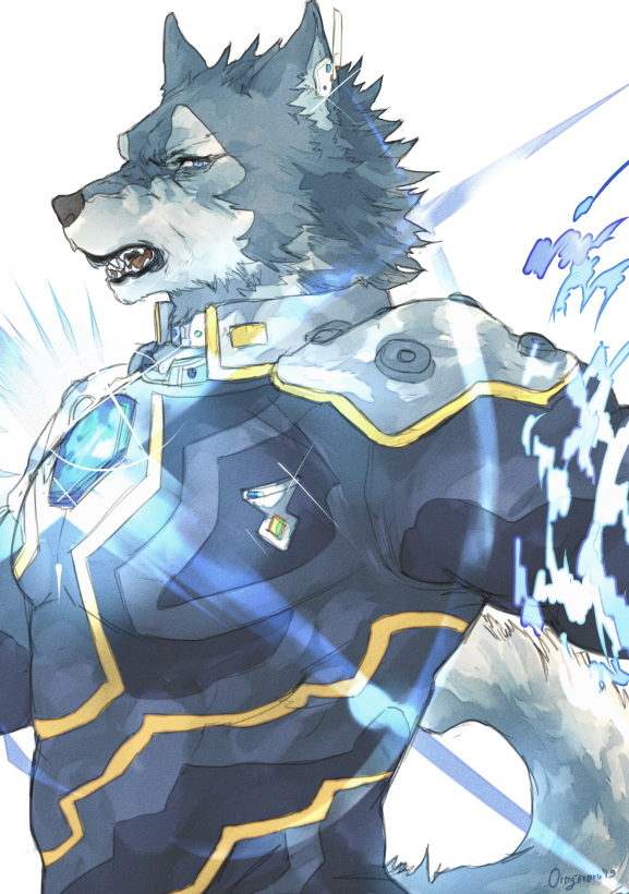2019 anthro black_nose blue_eyes bodysuit breke canid canine canis clothing fur grey_body grey_fur half-length_portrait male mammal multicolored_body multicolored_fur muscular muscular_male orenjimaru portrait simple_background skinsuit solo tight_clothing tokyo_afterschool_summoners two_tone_body two_tone_fur video_games white_background wolf